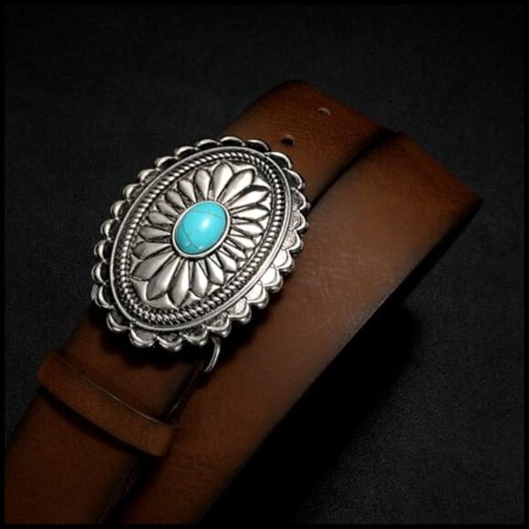 Vintage Western Leather Belt Turquoise Concho Buckle Boho Retro Cowgirl Style main image 6